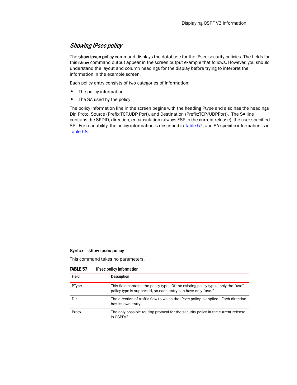 Showing ipsec policy | Brocade Communications Systems Layer 3 Routing Configuration ICX 6650 User Manual | Page 293 / 494