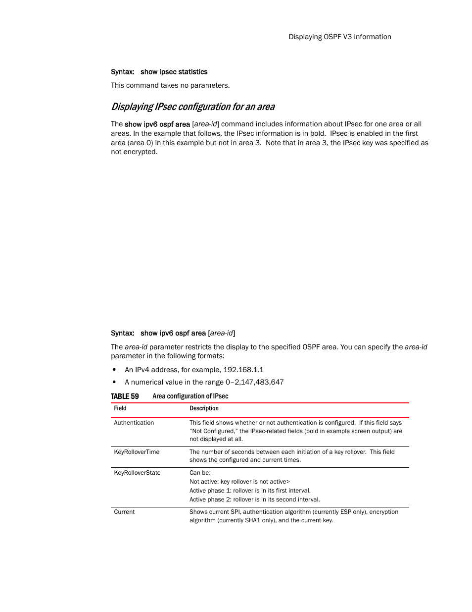 Displaying ipsec configuration for an area | Brocade Communications Systems Layer 3 Routing Configuration ICX 6650 User Manual | Page 295 / 494