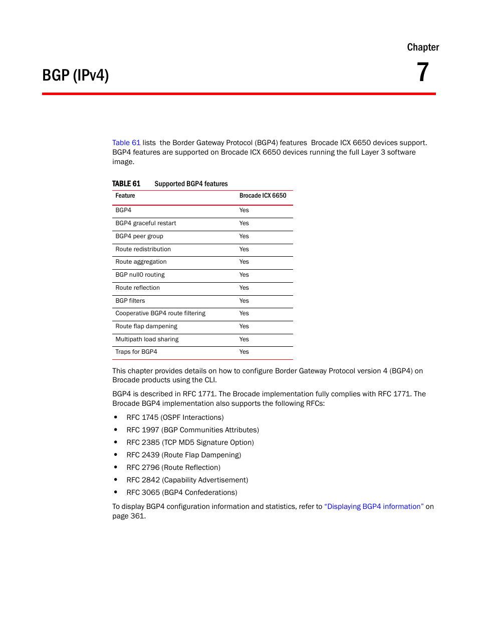 Bgp (ipv4), Chapter 7, Chapter 7, “bgp (ipv4) | Chapter | Brocade Communications Systems Layer 3 Routing Configuration ICX 6650 User Manual | Page 299 / 494