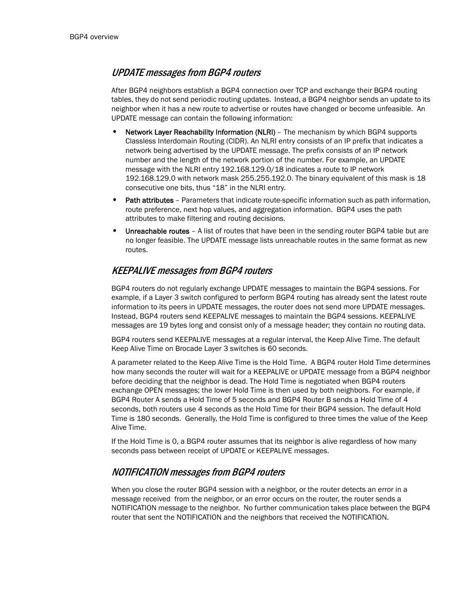 Update messages from bgp4 routers, Keepalive messages from bgp4 routers, Notification messages from bgp4 routers | Brocade Communications Systems Layer 3 Routing Configuration ICX 6650 User Manual | Page 304 / 494