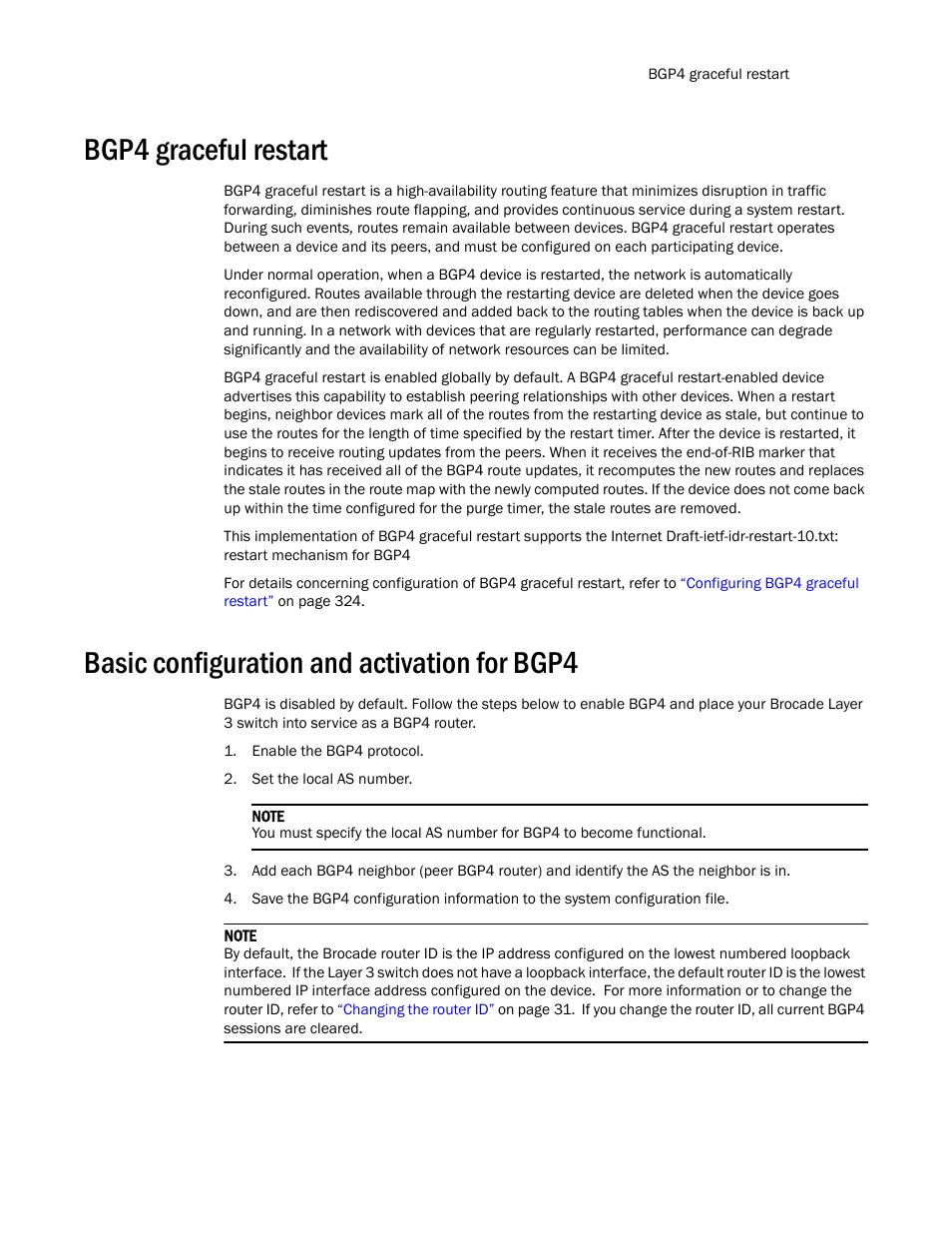 Bgp4 graceful restart, Basic configuration and activation for bgp4 | Brocade Communications Systems Layer 3 Routing Configuration ICX 6650 User Manual | Page 305 / 494