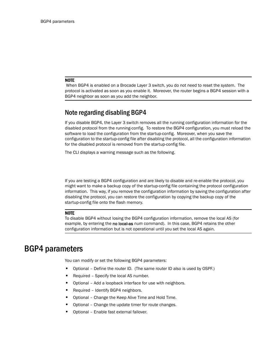 Note regarding disabling bgp4, Bgp4 parameters | Brocade Communications Systems Layer 3 Routing Configuration ICX 6650 User Manual | Page 306 / 494