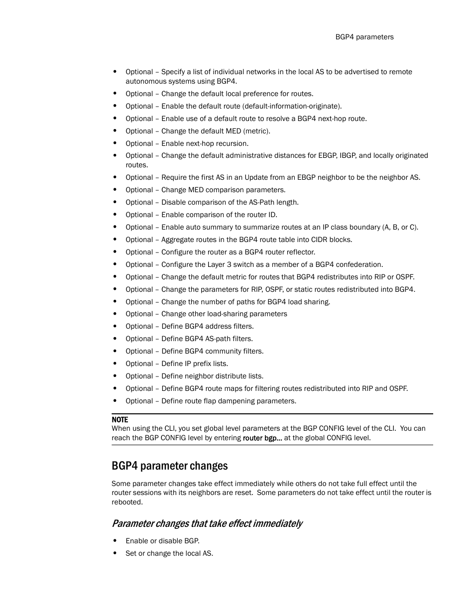 Bgp4 parameter changes, Parameter changes that take effect immediately | Brocade Communications Systems Layer 3 Routing Configuration ICX 6650 User Manual | Page 307 / 494