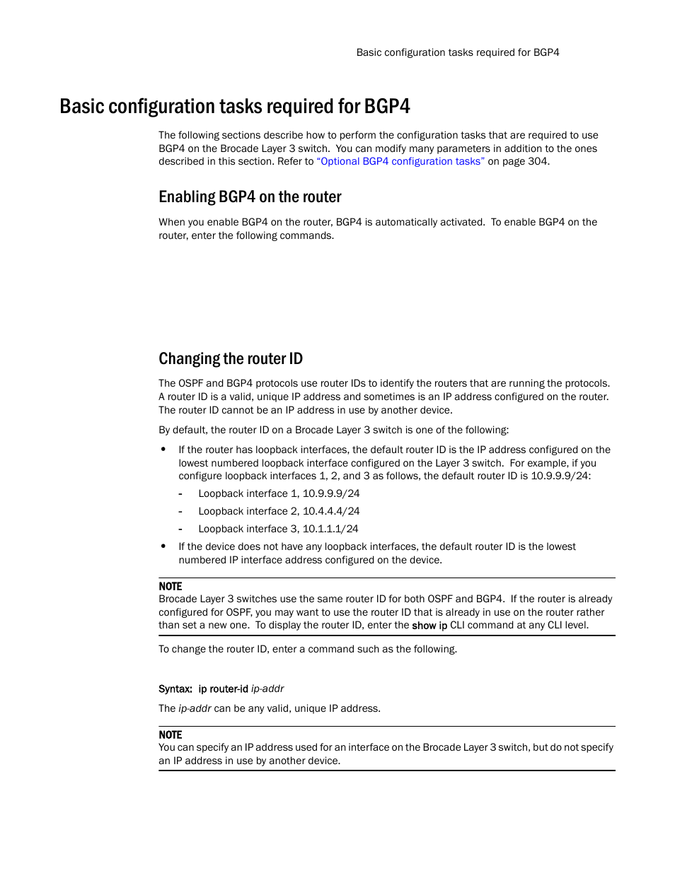 Basic configuration tasks required for bgp4, Enabling bgp4 on the router, Changing the router id | Brocade Communications Systems Layer 3 Routing Configuration ICX 6650 User Manual | Page 309 / 494