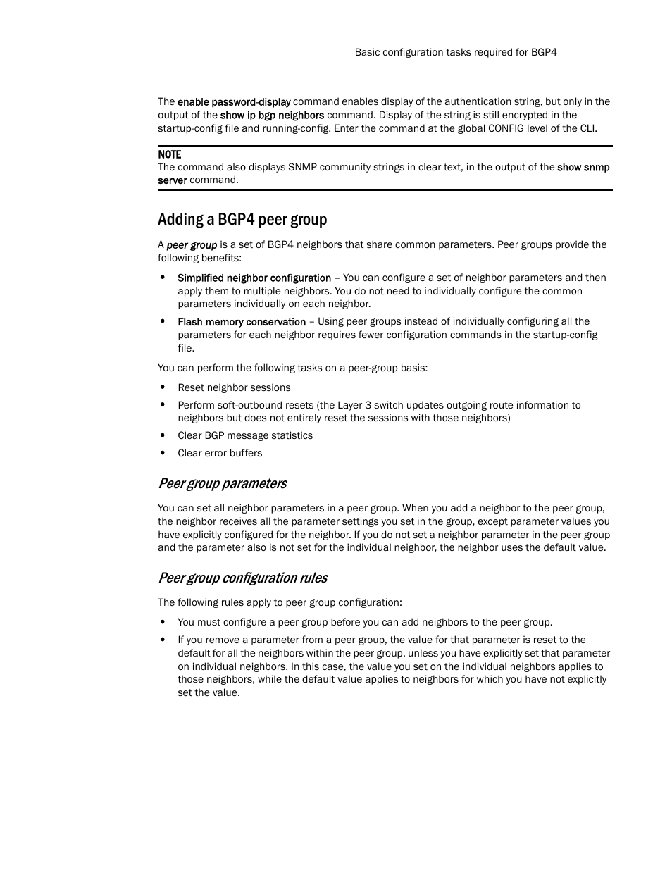 Adding a bgp4 peer group, Adding a bgp4 peer, Group | Adding a, Bgp4 peer group, Peer group parameters, Peer group configuration rules | Brocade Communications Systems Layer 3 Routing Configuration ICX 6650 User Manual | Page 317 / 494