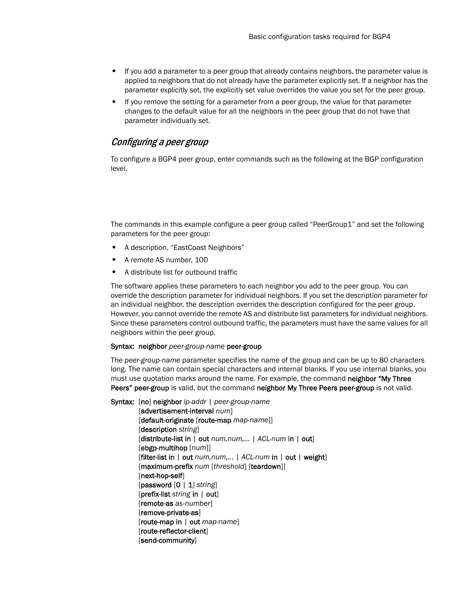 Configuring a peer group | Brocade Communications Systems Layer 3 Routing Configuration ICX 6650 User Manual | Page 319 / 494