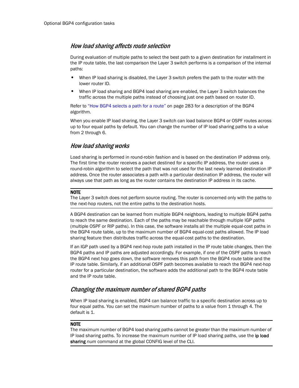 How load sharing affects route selection, How load sharing works, Changing the maximum number of shared bgp4 paths | Brocade Communications Systems Layer 3 Routing Configuration ICX 6650 User Manual | Page 324 / 494