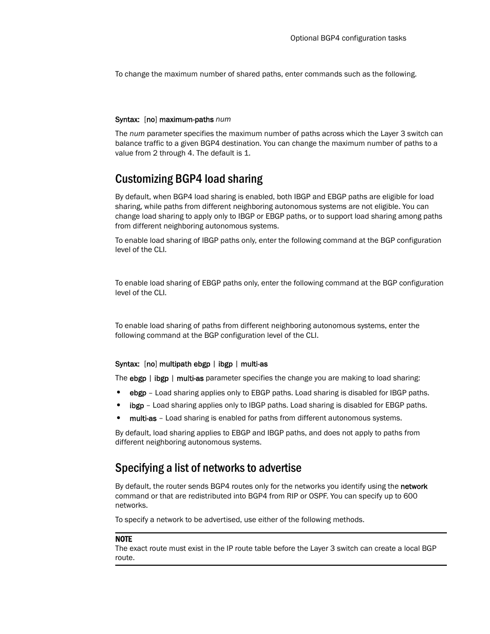 Customizing bgp4 load sharing, Specifying a list of networks to advertise | Brocade Communications Systems Layer 3 Routing Configuration ICX 6650 User Manual | Page 325 / 494