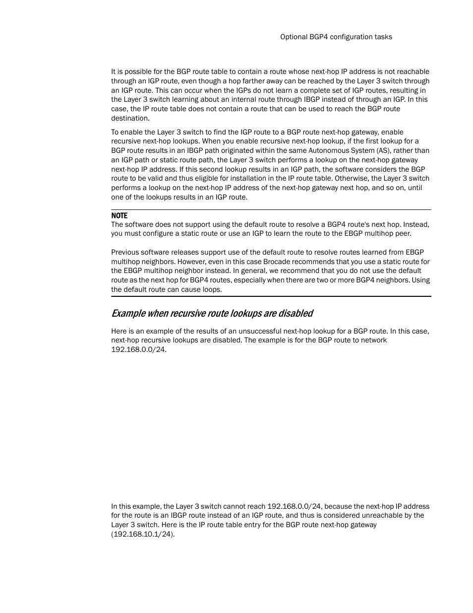 Example when recursive route lookups are disabled | Brocade Communications Systems Layer 3 Routing Configuration ICX 6650 User Manual | Page 329 / 494