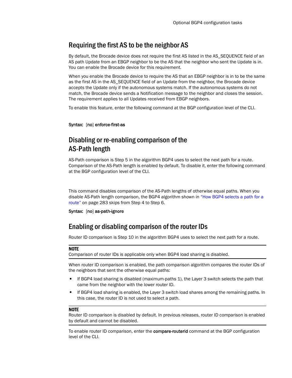 Requiring the first as to be the neighbor as, Enabling or disabling comparison of the router ids | Brocade Communications Systems Layer 3 Routing Configuration ICX 6650 User Manual | Page 333 / 494