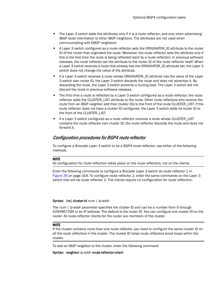 Configuration procedures for bgp4 route reflector | Brocade Communications Systems Layer 3 Routing Configuration ICX 6650 User Manual | Page 337 / 494