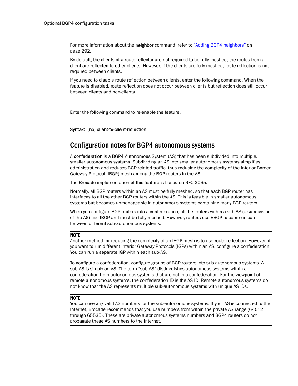 Configuration notes for bgp4 autonomous systems | Brocade Communications Systems Layer 3 Routing Configuration ICX 6650 User Manual | Page 338 / 494