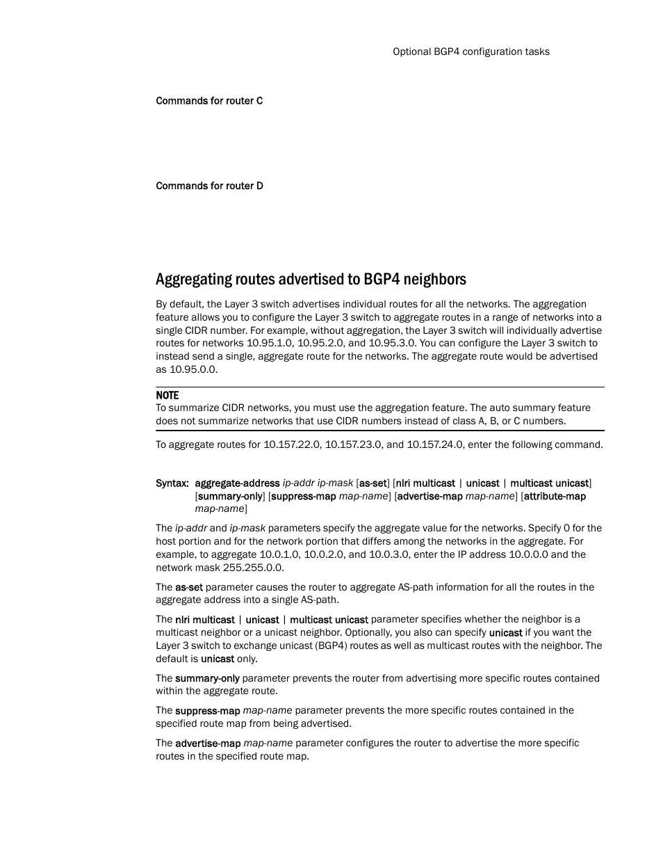 Aggregating routes advertised to bgp4 neighbors | Brocade Communications Systems Layer 3 Routing Configuration ICX 6650 User Manual | Page 341 / 494