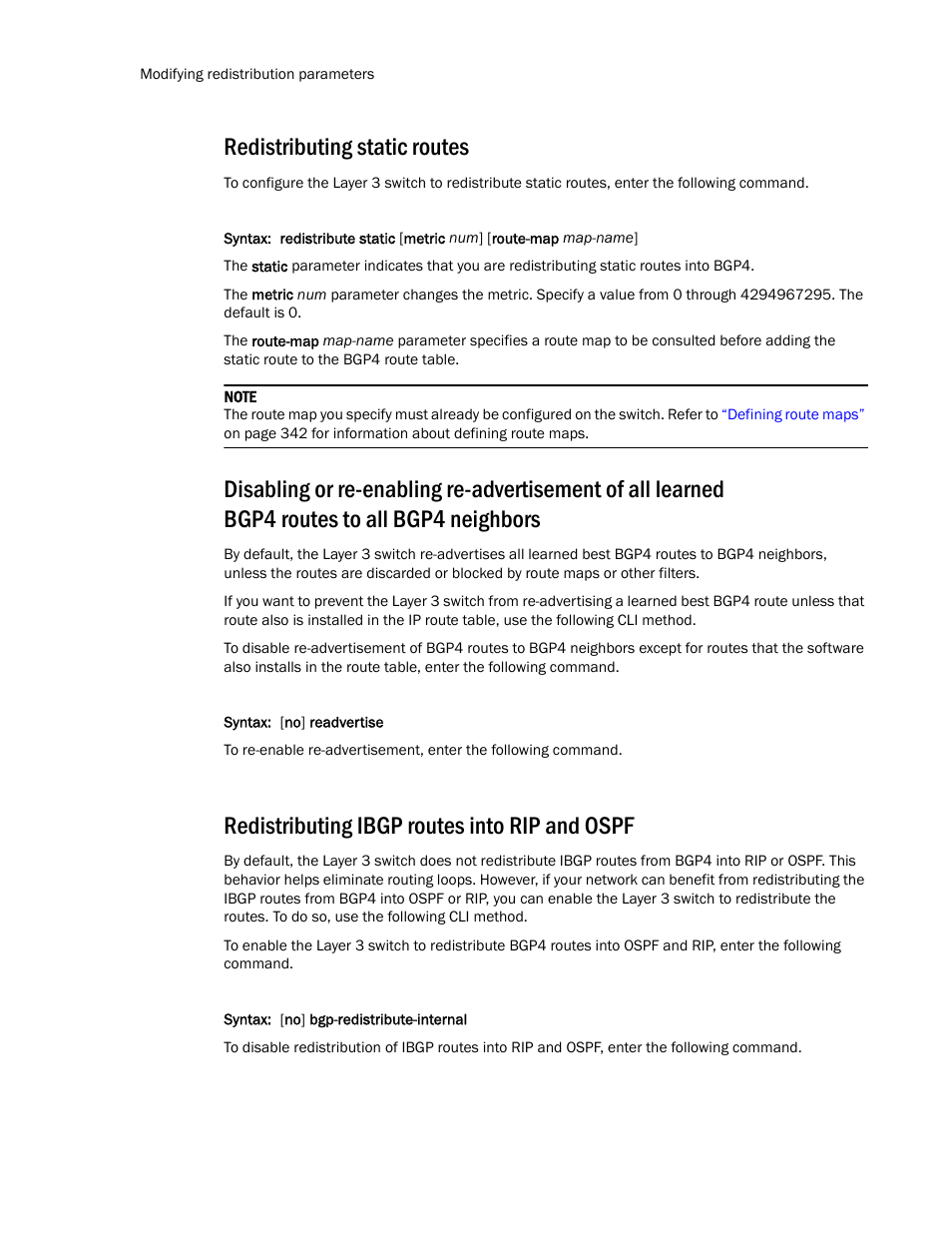 Redistributing static routes, Redistributing ibgp routes into rip and ospf | Brocade Communications Systems Layer 3 Routing Configuration ICX 6650 User Manual | Page 350 / 494
