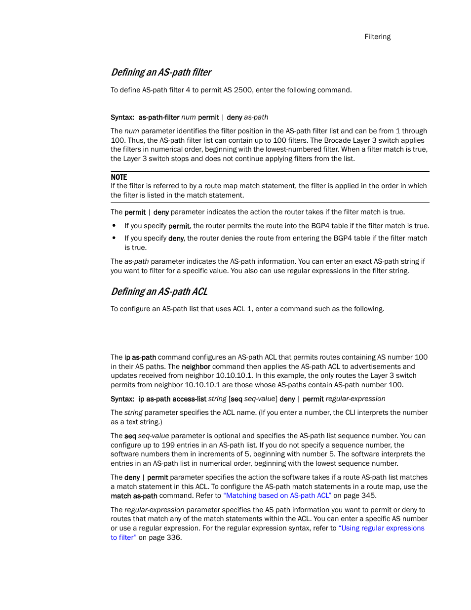 Defining an as-path filter, Defining an as-path acl | Brocade Communications Systems Layer 3 Routing Configuration ICX 6650 User Manual | Page 353 / 494