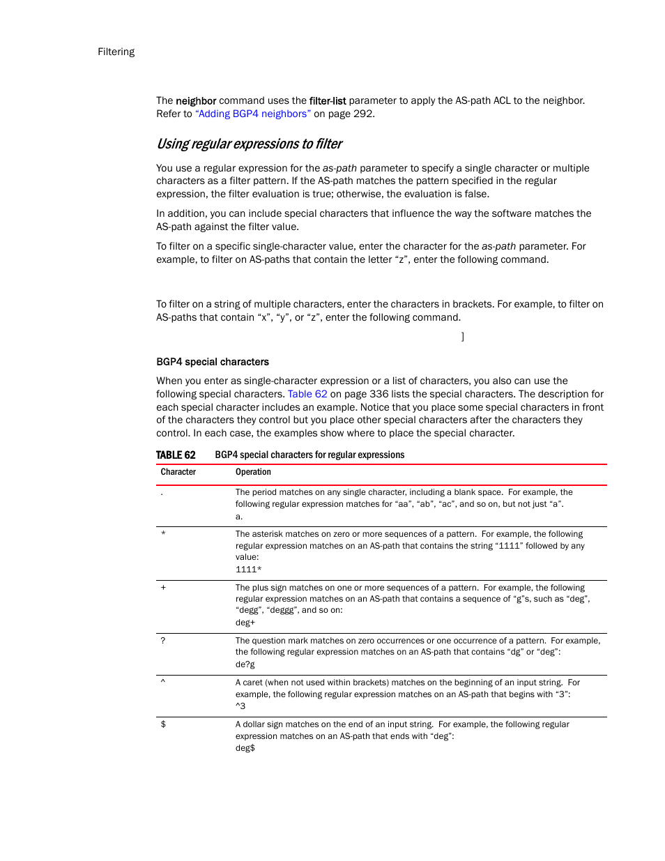 Using regular expressions, To filter, Using regular expressions to filter | Brocade Communications Systems Layer 3 Routing Configuration ICX 6650 User Manual | Page 354 / 494