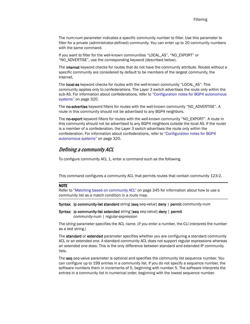 Defining a community acl | Brocade Communications Systems Layer 3 Routing Configuration ICX 6650 User Manual | Page 357 / 494