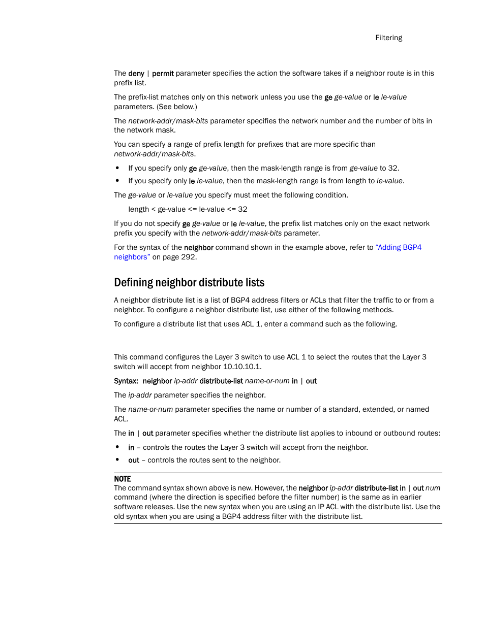 Defining neighbor distribute lists | Brocade Communications Systems Layer 3 Routing Configuration ICX 6650 User Manual | Page 359 / 494