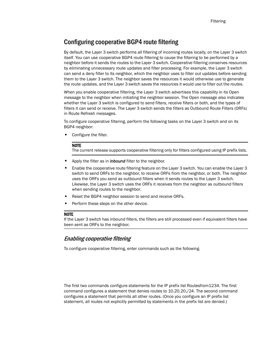 Configuring cooperative bgp4 route filtering, Enabling cooperative filtering | Brocade Communications Systems Layer 3 Routing Configuration ICX 6650 User Manual | Page 369 / 494