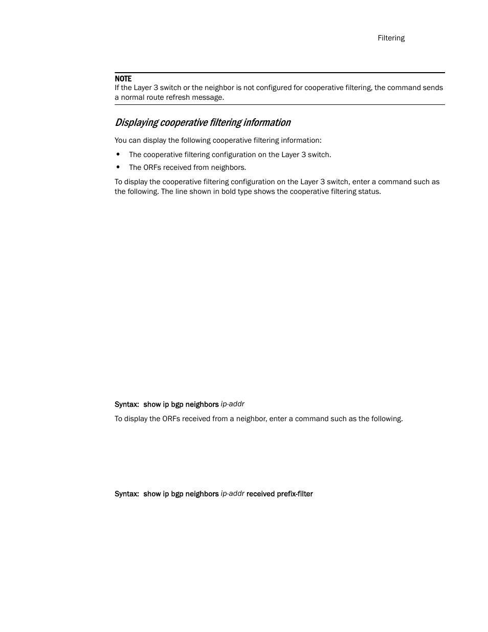 Displaying cooperative filtering information | Brocade Communications Systems Layer 3 Routing Configuration ICX 6650 User Manual | Page 371 / 494
