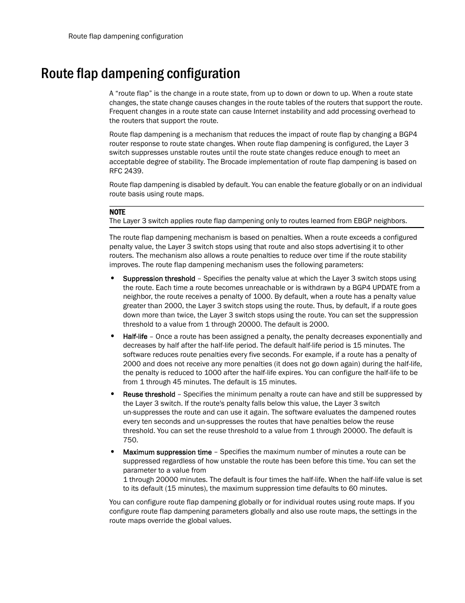 Route flap dampening configuration | Brocade Communications Systems Layer 3 Routing Configuration ICX 6650 User Manual | Page 372 / 494