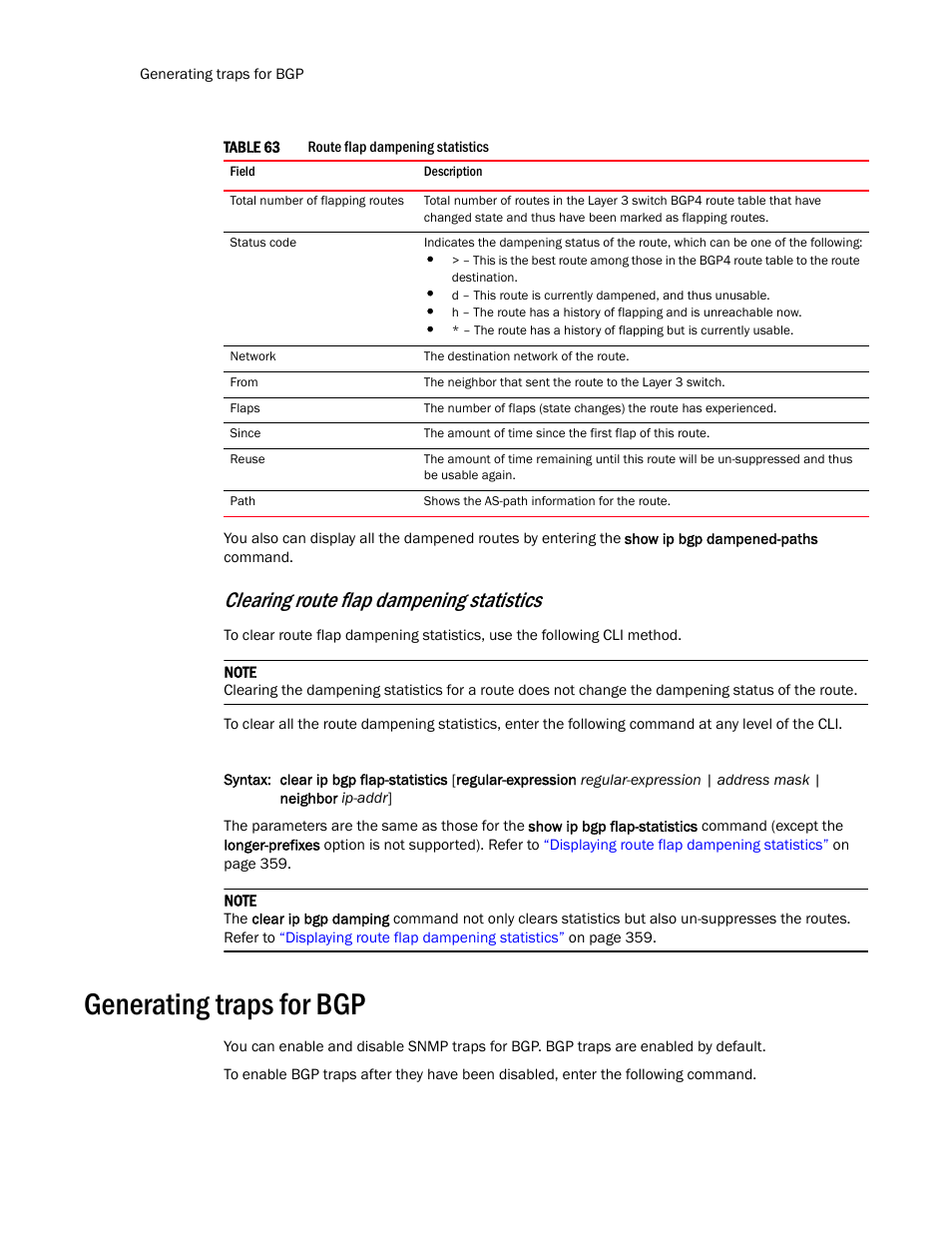 Generating traps for bgp, Table 63, Clearing route flap dampening statistics | Brocade Communications Systems Layer 3 Routing Configuration ICX 6650 User Manual | Page 378 / 494