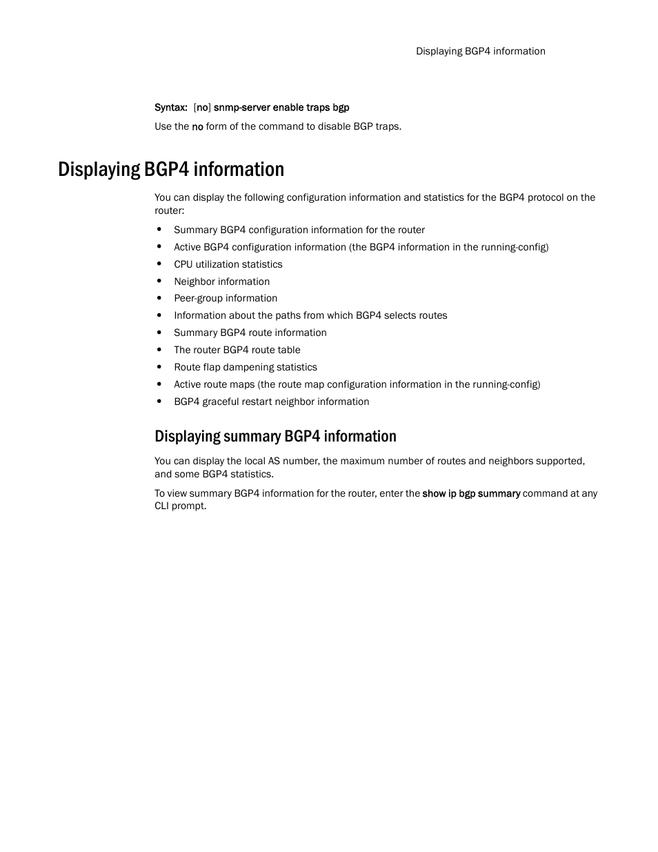 Displaying bgp4 information, Displaying summary bgp4 information | Brocade Communications Systems Layer 3 Routing Configuration ICX 6650 User Manual | Page 379 / 494