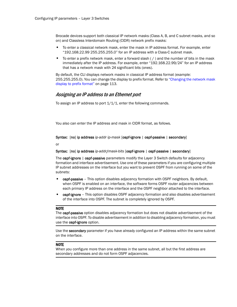 Assigning an ip address to an ethernet port | Brocade Communications Systems Layer 3 Routing Configuration ICX 6650 User Manual | Page 38 / 494