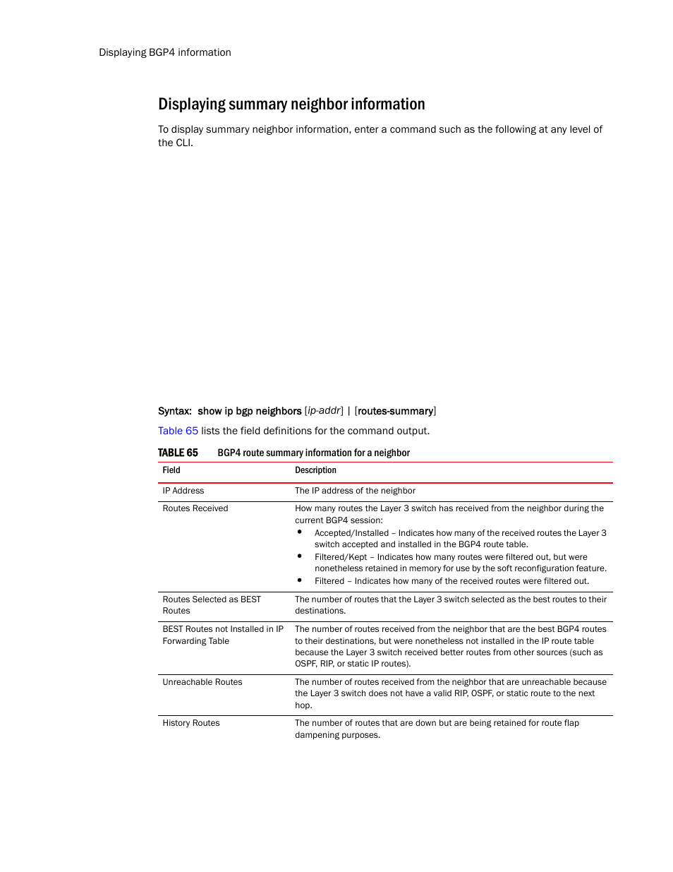 Displaying summary neighbor information | Brocade Communications Systems Layer 3 Routing Configuration ICX 6650 User Manual | Page 384 / 494