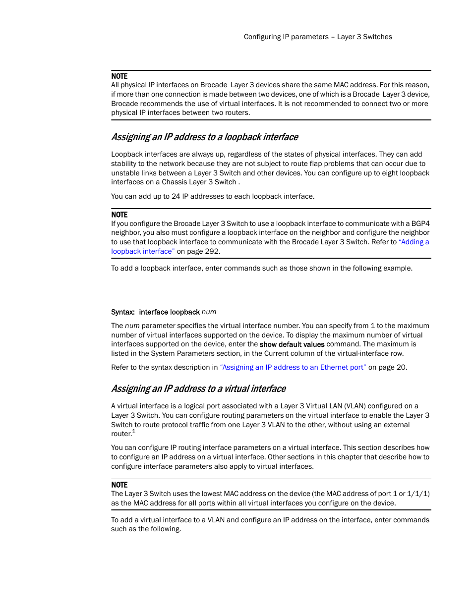 Assigning an ip address to a loopback interface, Assigning an ip address to a virtual interface | Brocade Communications Systems Layer 3 Routing Configuration ICX 6650 User Manual | Page 39 / 494