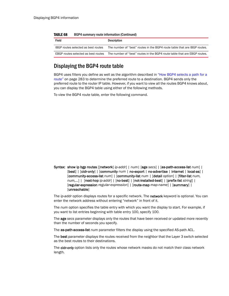 Displaying the bgp4 route table | Brocade Communications Systems Layer 3 Routing Configuration ICX 6650 User Manual | Page 398 / 494