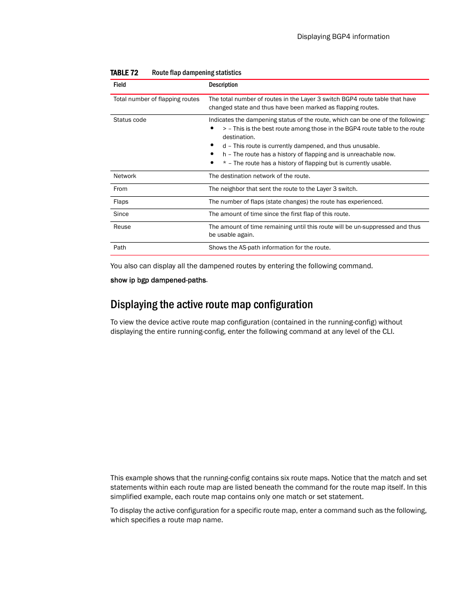 Displaying the active route map configuration, Table 72 | Brocade Communications Systems Layer 3 Routing Configuration ICX 6650 User Manual | Page 407 / 494