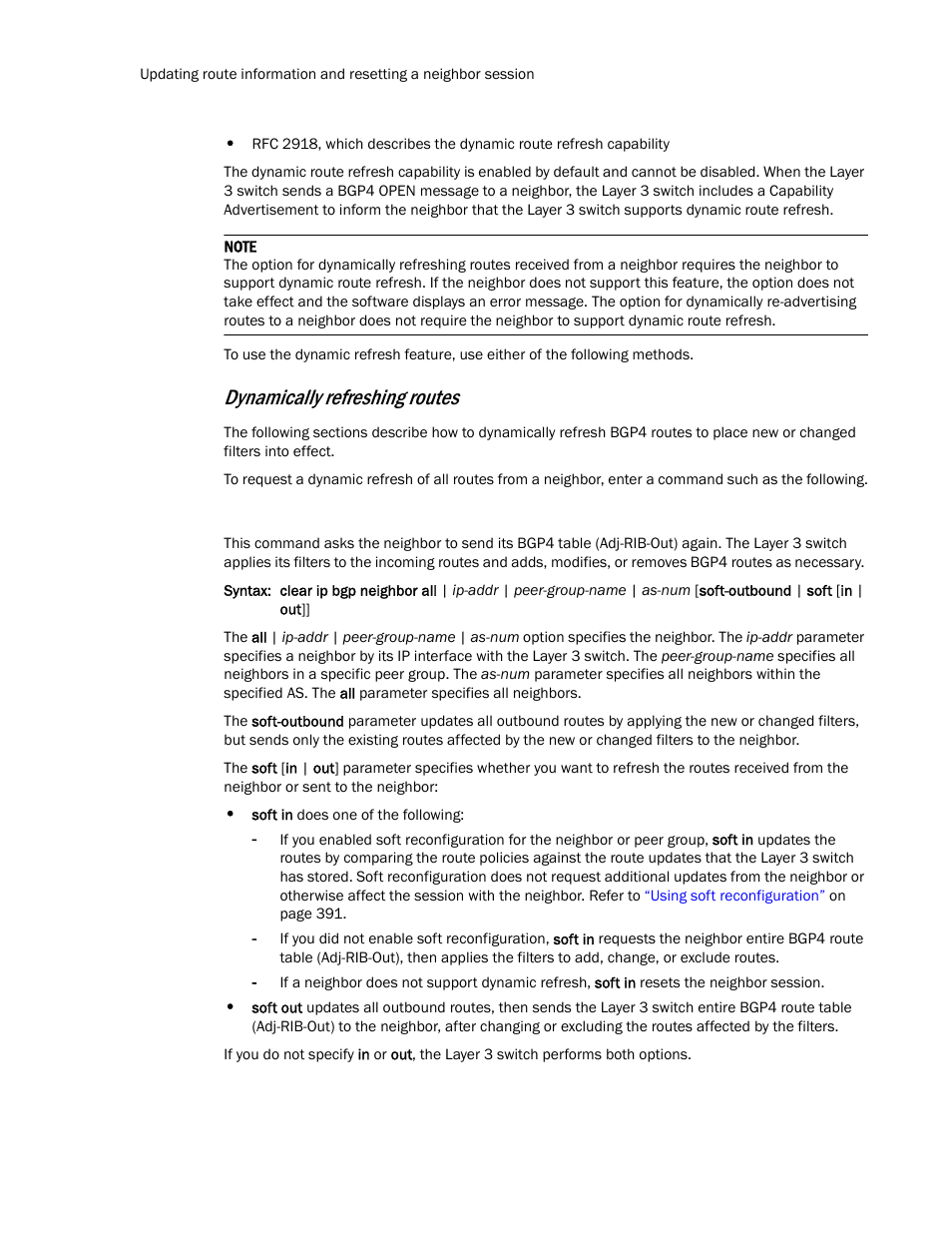 Dynamically refreshing routes | Brocade Communications Systems Layer 3 Routing Configuration ICX 6650 User Manual | Page 412 / 494