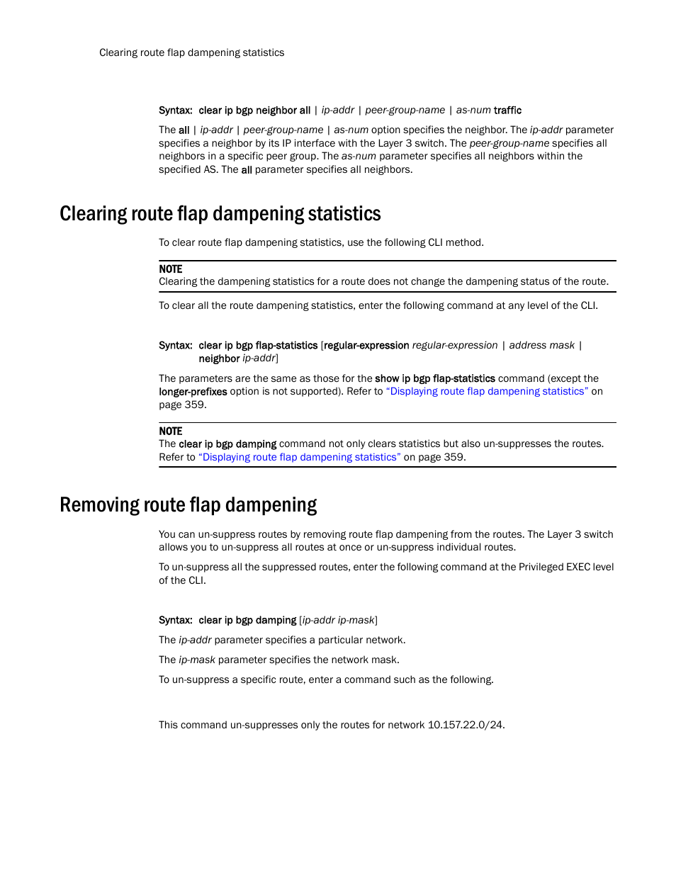 Clearing route flap dampening statistics, Removing route flap dampening | Brocade Communications Systems Layer 3 Routing Configuration ICX 6650 User Manual | Page 416 / 494
