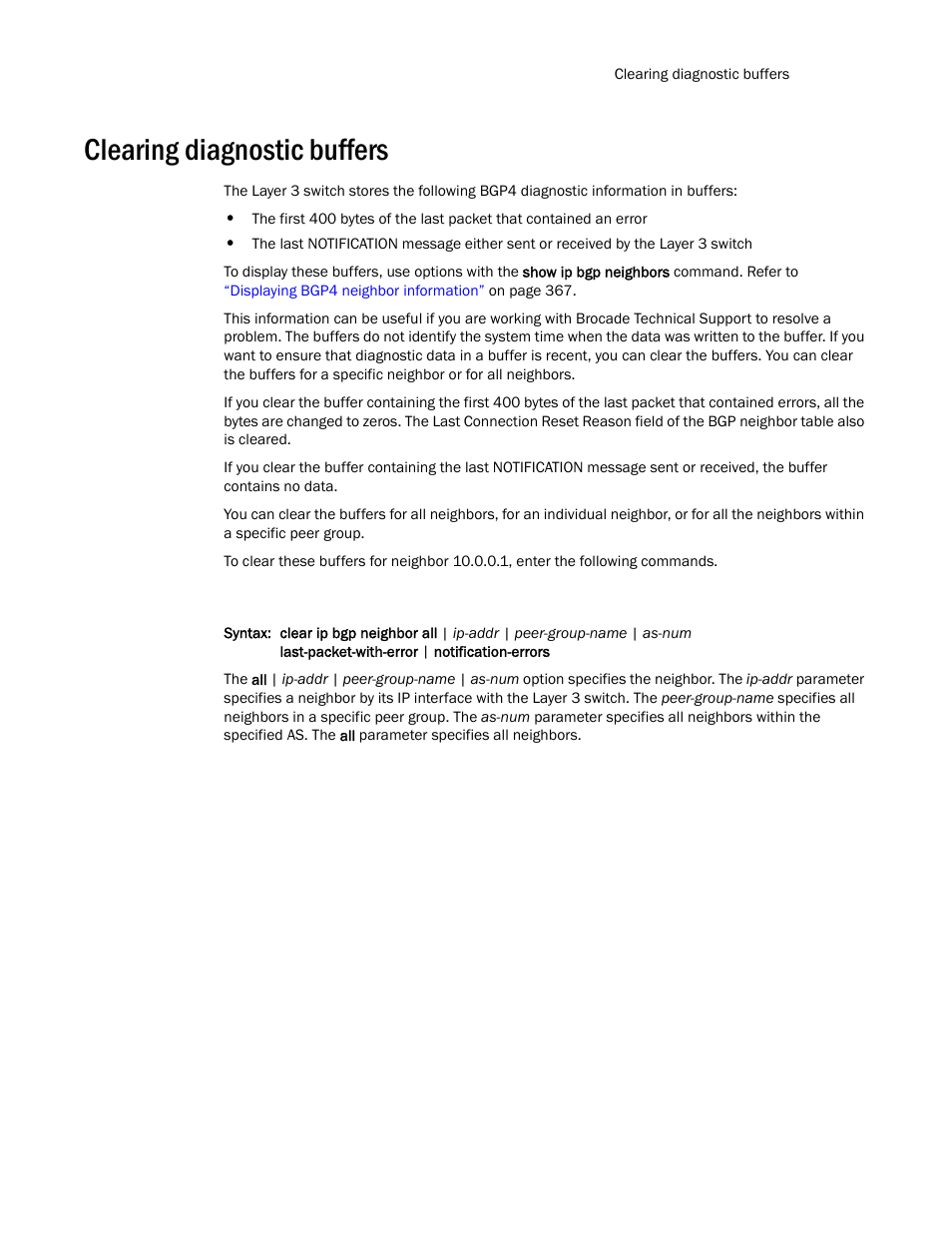 Clearing diagnostic buffers | Brocade Communications Systems Layer 3 Routing Configuration ICX 6650 User Manual | Page 417 / 494