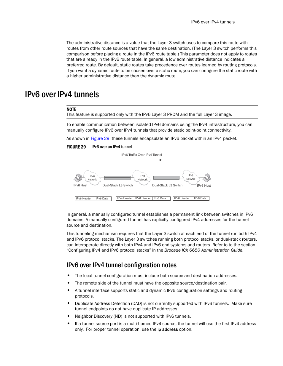 Ipv6 over ipv4 tunnels, Ipv6 over ipv4 tunnel configuration notes | Brocade Communications Systems Layer 3 Routing Configuration ICX 6650 User Manual | Page 421 / 494