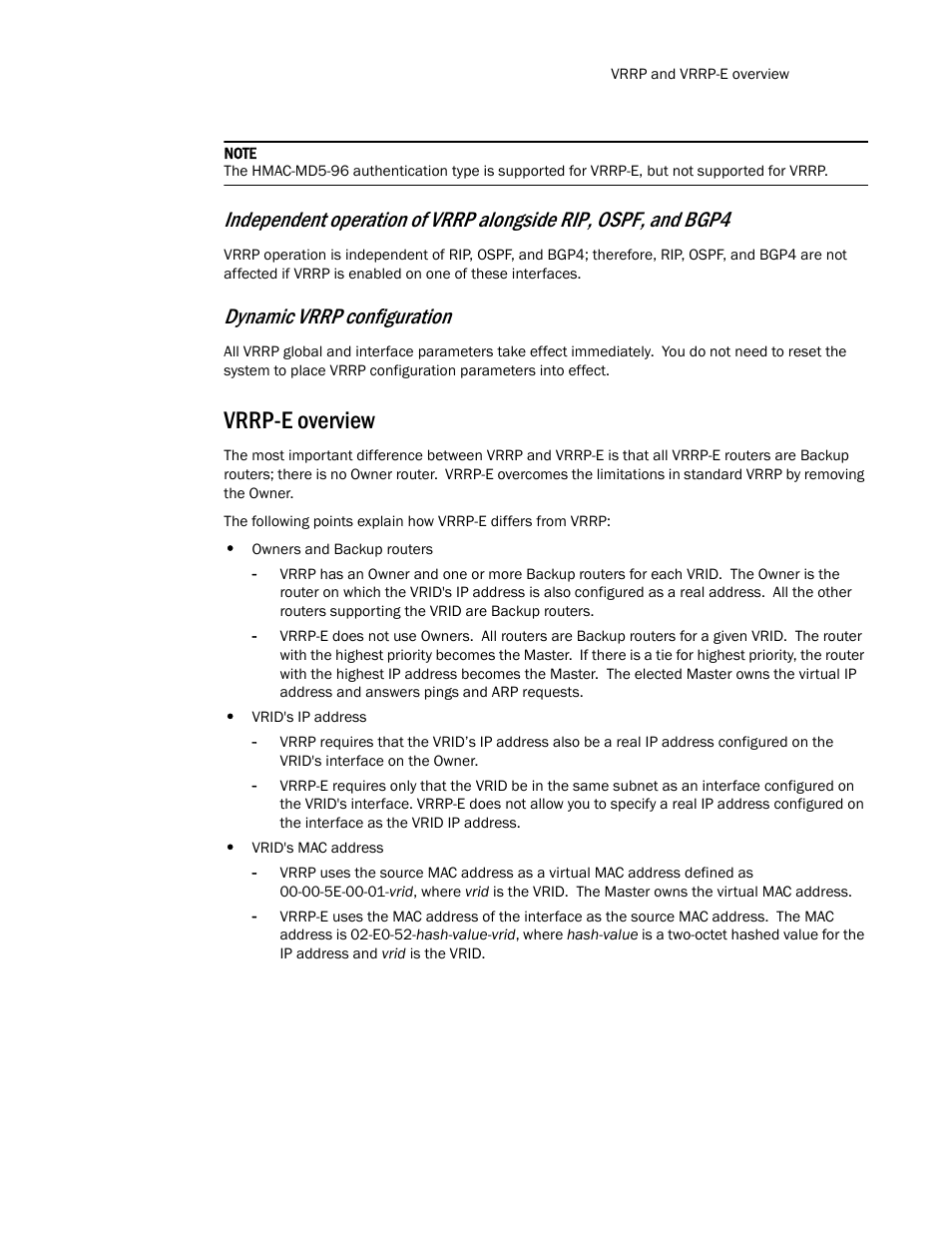 Vrrp-e overview, Dynamic vrrp configuration | Brocade Communications Systems Layer 3 Routing Configuration ICX 6650 User Manual | Page 435 / 494