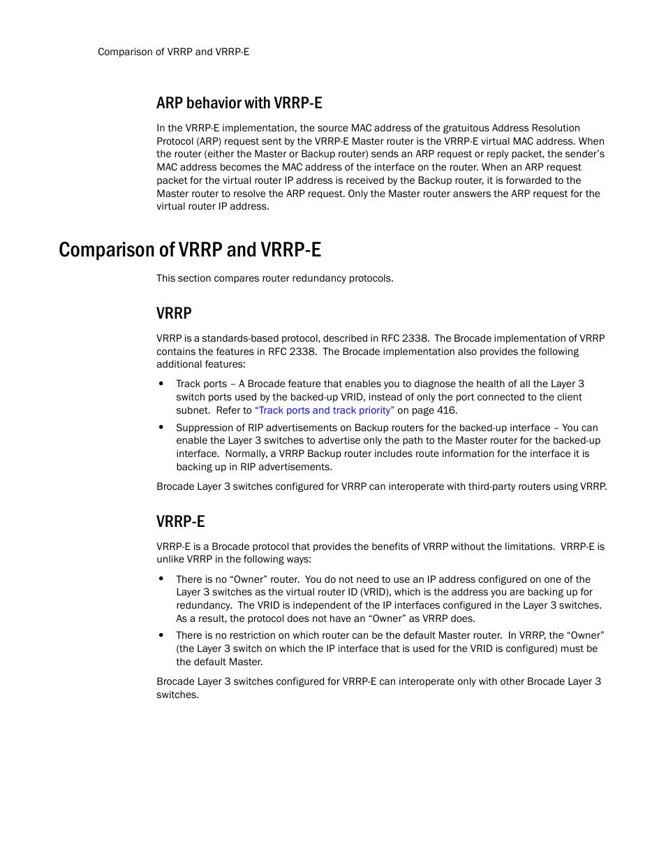 Arp behavior with vrrp-e, Comparison of vrrp and vrrp-e, Vrrp | Vrrp-e, Comparison of vrrp, And vrrp-e | Brocade Communications Systems Layer 3 Routing Configuration ICX 6650 User Manual | Page 438 / 494