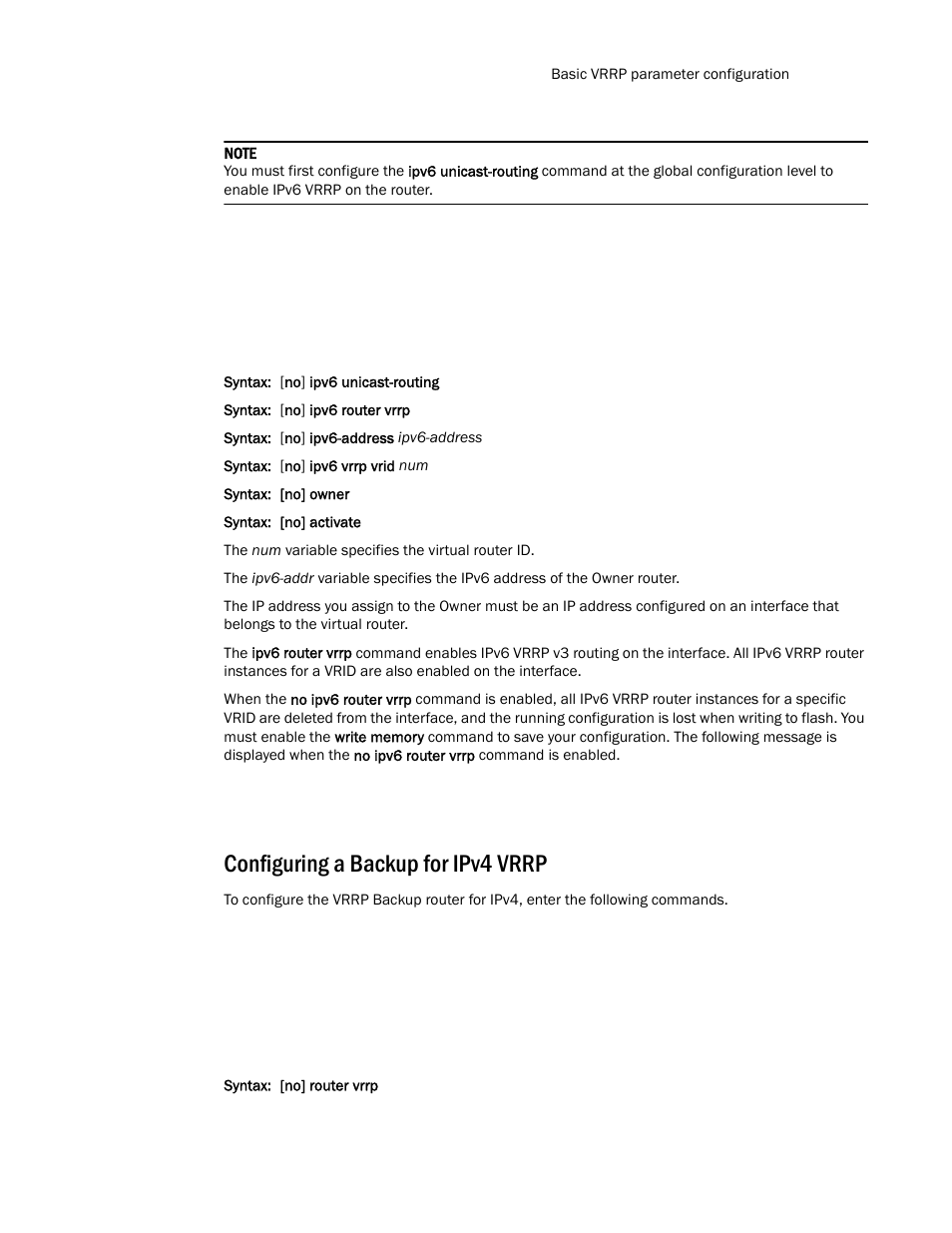 Configuring a backup for ipv4 vrrp | Brocade Communications Systems Layer 3 Routing Configuration ICX 6650 User Manual | Page 445 / 494