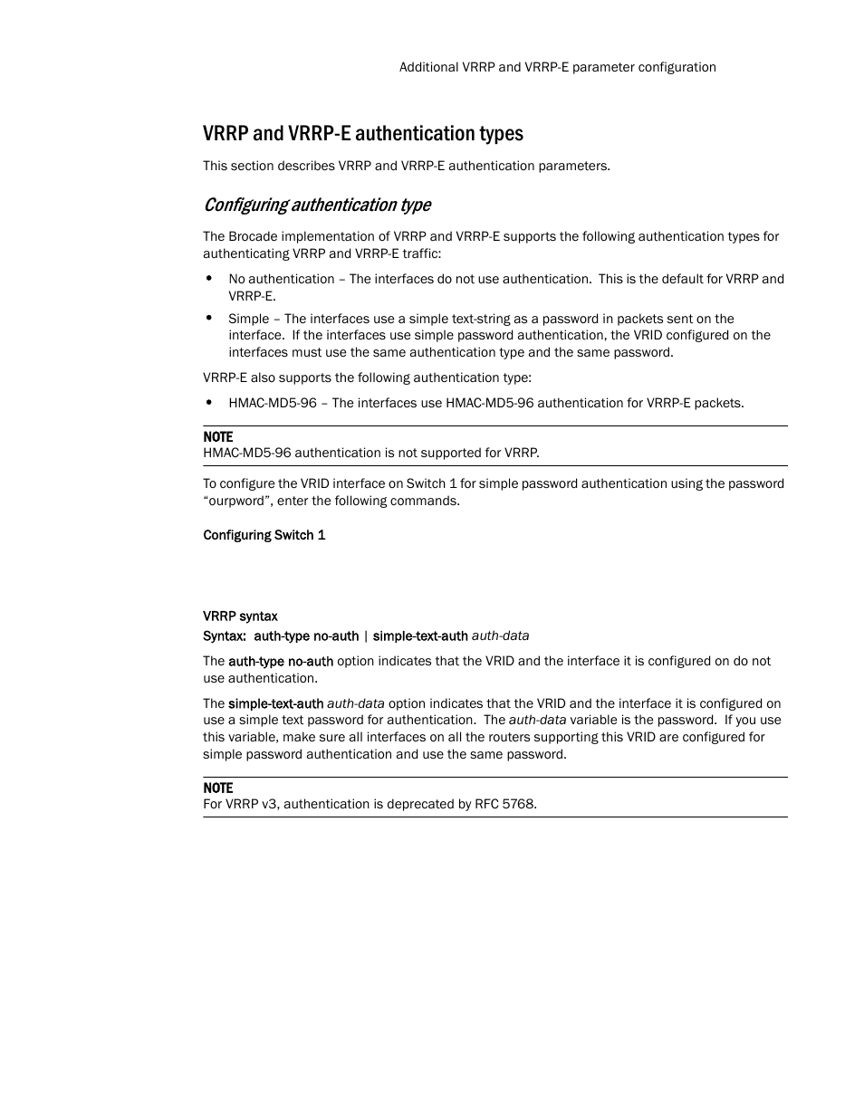 Vrrp and vrrp-e authentication types, Configuring authentication type | Brocade Communications Systems Layer 3 Routing Configuration ICX 6650 User Manual | Page 451 / 494