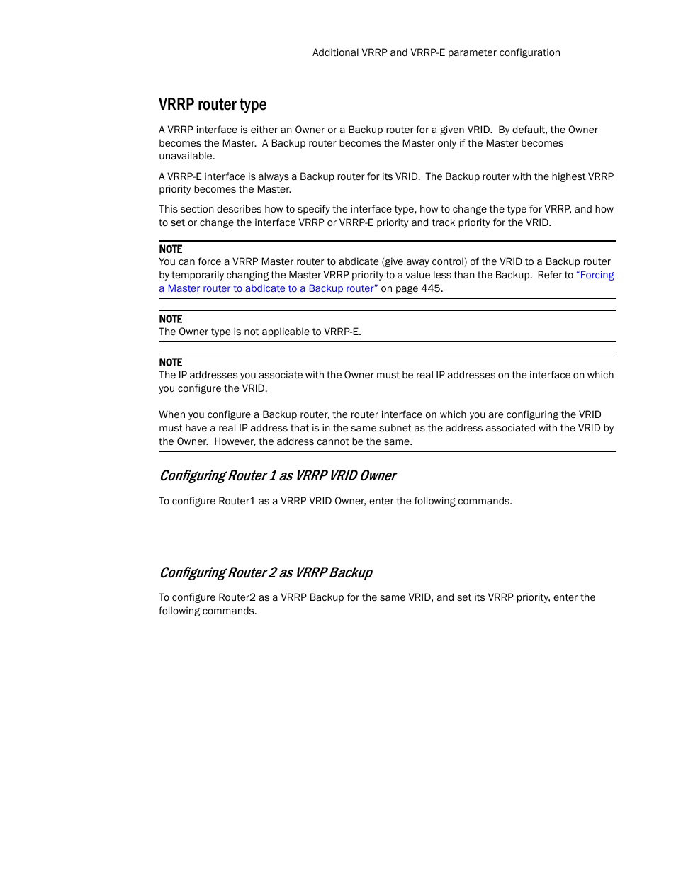 Vrrp router type, Configuring router 1 as vrrp vrid owner, Configuring router 2 as vrrp backup | Brocade Communications Systems Layer 3 Routing Configuration ICX 6650 User Manual | Page 453 / 494