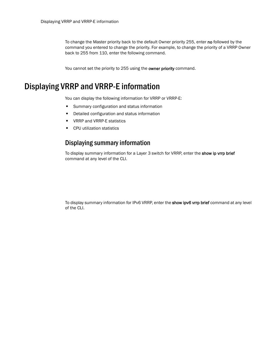 Displaying vrrp and vrrp-e information, Displaying summary information | Brocade Communications Systems Layer 3 Routing Configuration ICX 6650 User Manual | Page 464 / 494