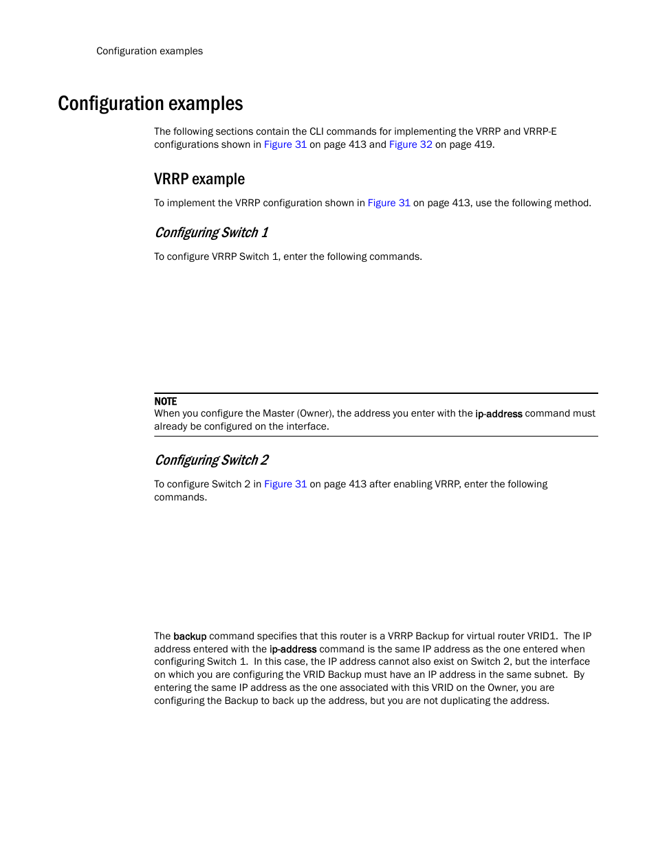 Configuration examples, Vrrp example, Configuring switch 1 | Configuring switch 2 | Brocade Communications Systems Layer 3 Routing Configuration ICX 6650 User Manual | Page 478 / 494