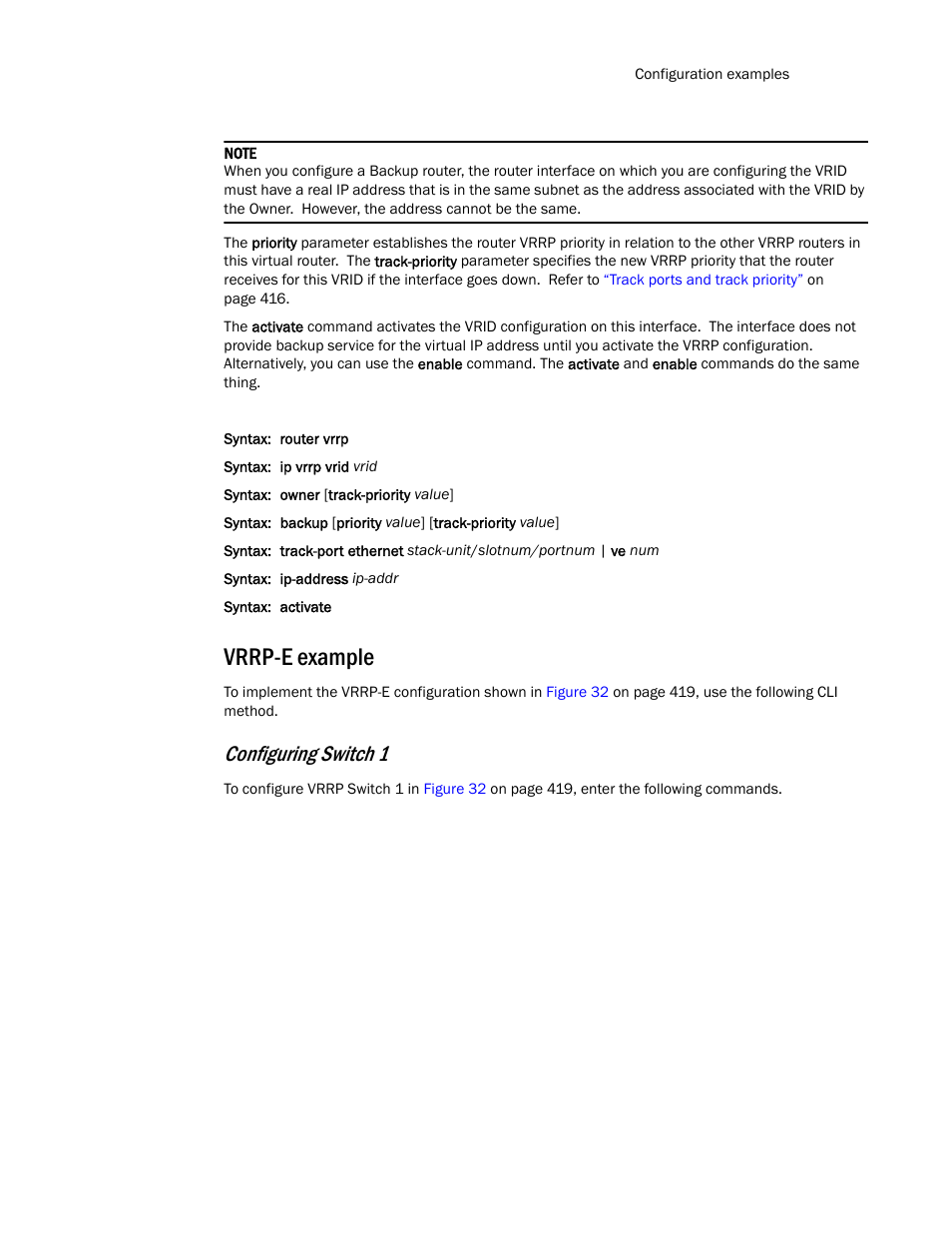 Vrrp-e example, Configuring switch 1 | Brocade Communications Systems Layer 3 Routing Configuration ICX 6650 User Manual | Page 479 / 494