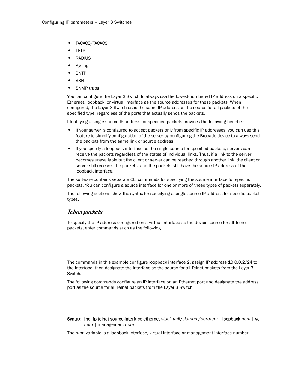 Telnet packets | Brocade Communications Systems Layer 3 Routing Configuration ICX 6650 User Manual | Page 50 / 494