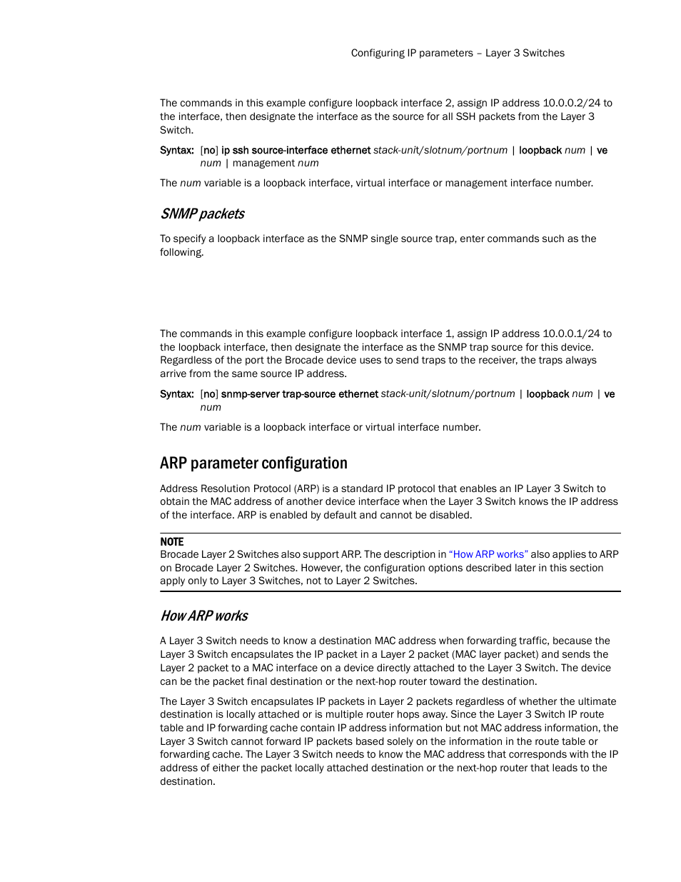 Arp parameter configuration, Snmp packets, How arp works | Brocade Communications Systems Layer 3 Routing Configuration ICX 6650 User Manual | Page 53 / 494