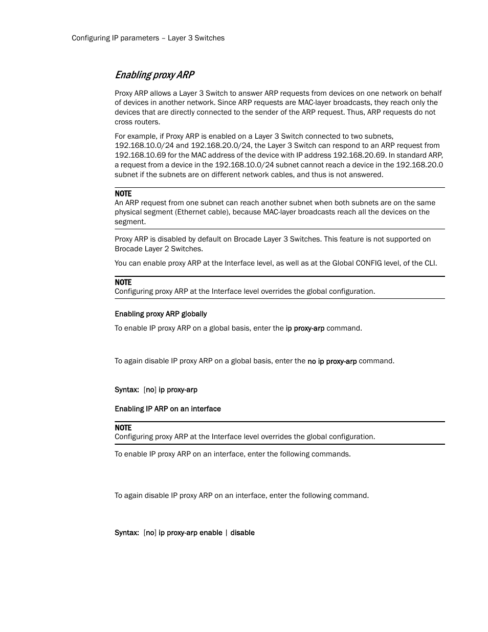 Enabling proxy arp | Brocade Communications Systems Layer 3 Routing Configuration ICX 6650 User Manual | Page 56 / 494