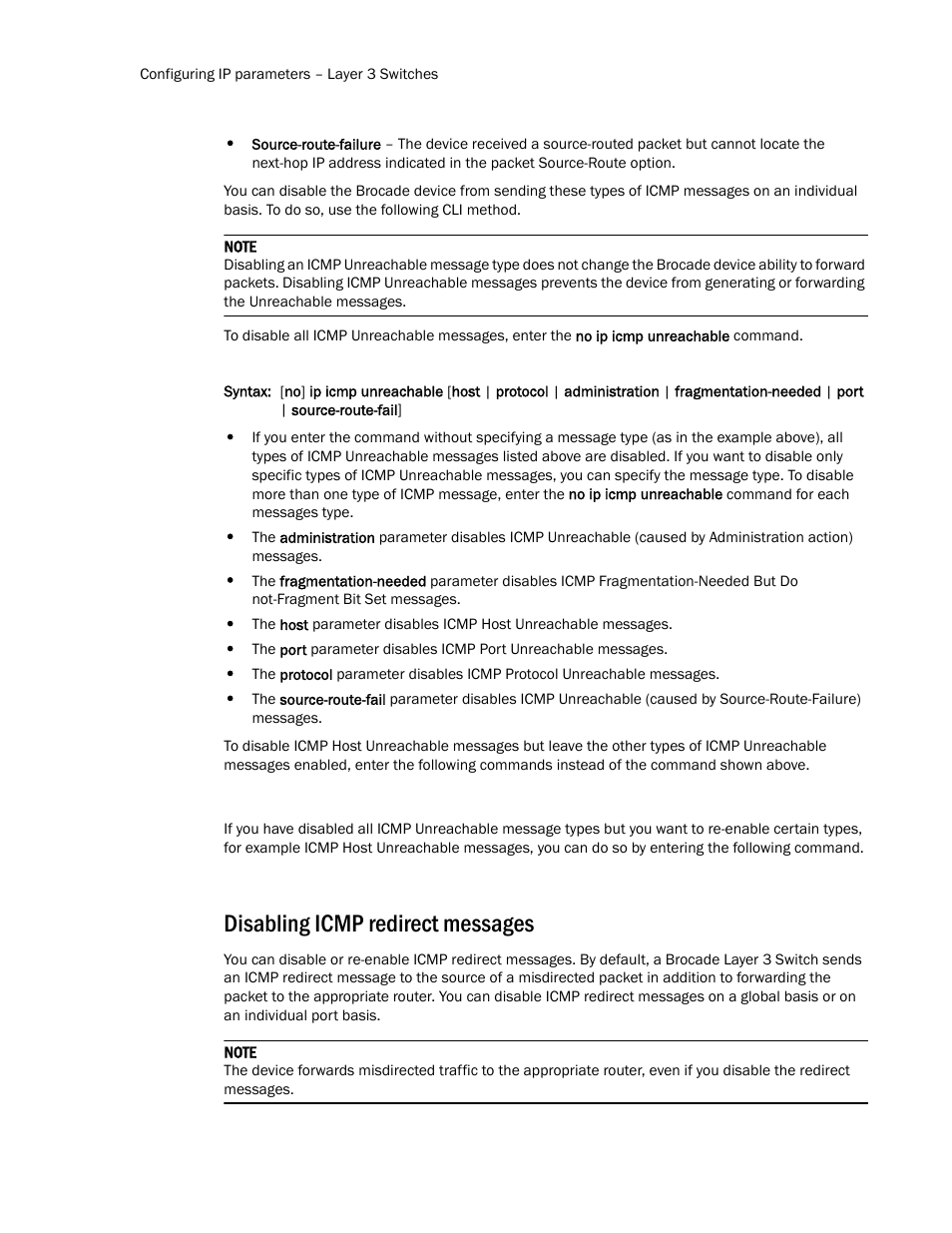 Disabling icmp redirect messages | Brocade Communications Systems Layer 3 Routing Configuration ICX 6650 User Manual | Page 62 / 494