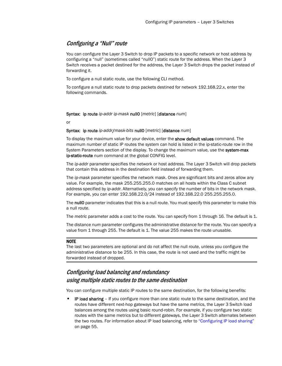 Configuring a “null” route | Brocade Communications Systems Layer 3 Routing Configuration ICX 6650 User Manual | Page 67 / 494