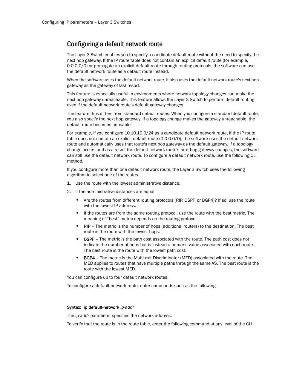 Configuring a default network route | Brocade Communications Systems Layer 3 Routing Configuration ICX 6650 User Manual | Page 72 / 494